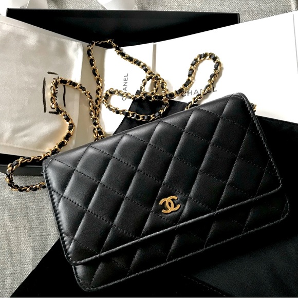 CHANEL Handbags - Classic Chanel Lambskin Wallet on Chain Black with Pale gold hardware NWT